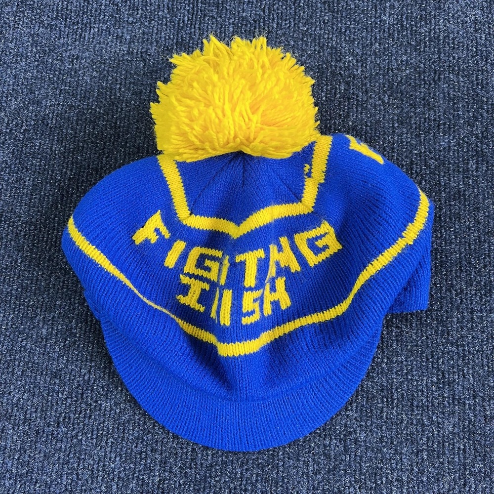 Vintage Fighting Irish Hat Cap Beanie Mens Blue Yellow Football‎ Knit Pom Winter